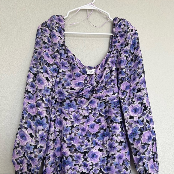 NWT Floret Studios Purple Charcoal Floral Print Mini Dress Size Small - Picture 2 of 11